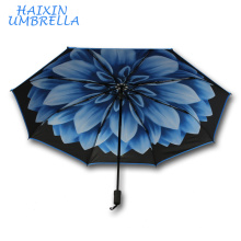 21"*8k Mum Flower Inside Full Printed UV Protection Windproof Collapsible 3 Fold Travel Compact Umbrella With Logo Prints Custom